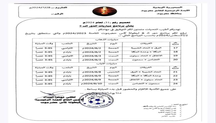 لجنة كأس حضرموت تحدد مواعيد دور الثمانية للنسخة الثامنة