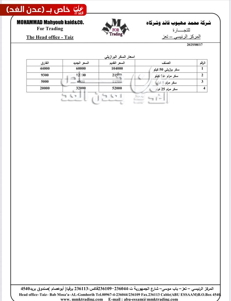 عاجل : اسعار جديدة للسكر تتضمن انخفاضا كبير (حصريا لعدن الغد)