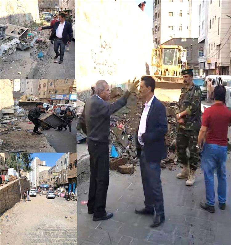 تعز.. مديرية «القاهرة» تزيل رصيفًا مخالفًا في شارع السلخانة لتخفيف الازدحام المروري