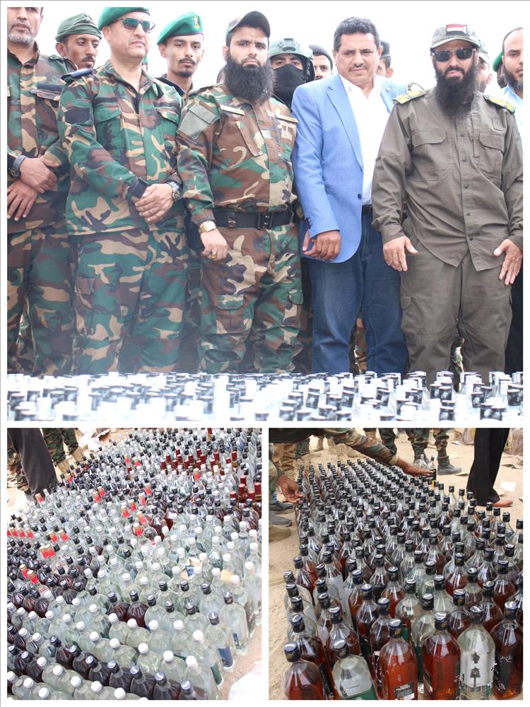 بتوجيه من معالي النائب العام ... نيابة استئناف شمال عدن تُشرف على إتلاف (2795) قارورة وعلبة خمر مضبوطة بالعاصمة عدن