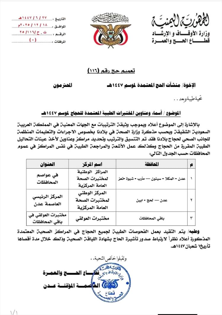 وزارة الأوقاف تُقِر أسماء وعناوين المختبرات الطبية الخاصة بحجاج موسم 1447هـ 