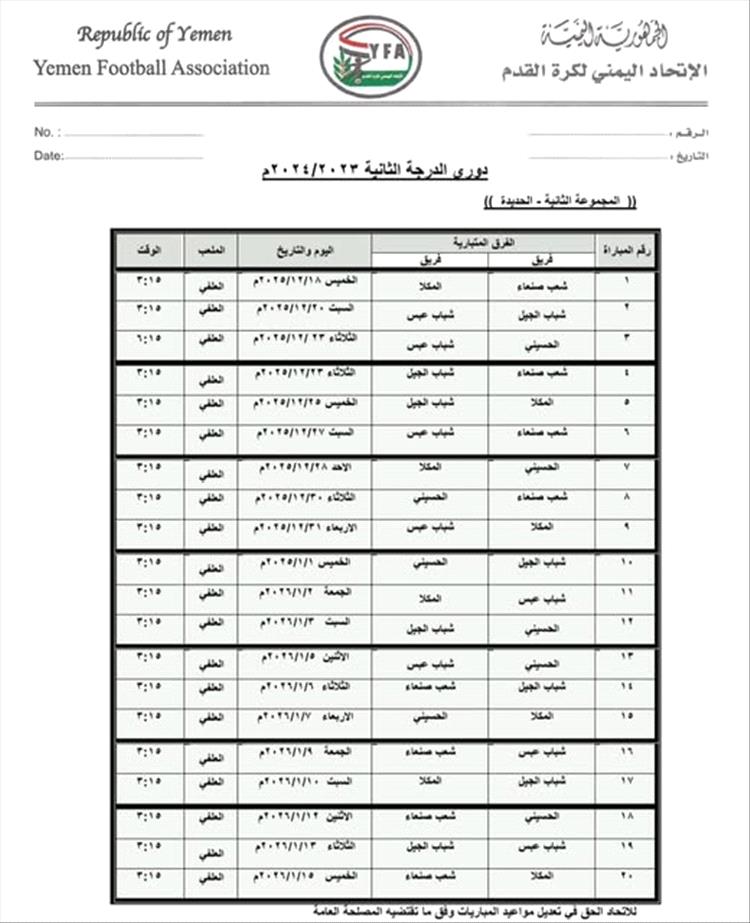 بتوافق الأندية .. لجنة المسابقات تعتمد الجدول المعدل لتجمع الحديدة