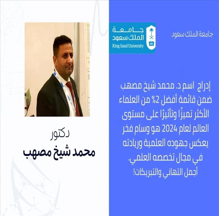 الدكتور محمد شيخ مصهب ضمن قائمة 2٪ من العلماء الأكثر تميزًا وتأثيرًا عالميًا لعام 2024