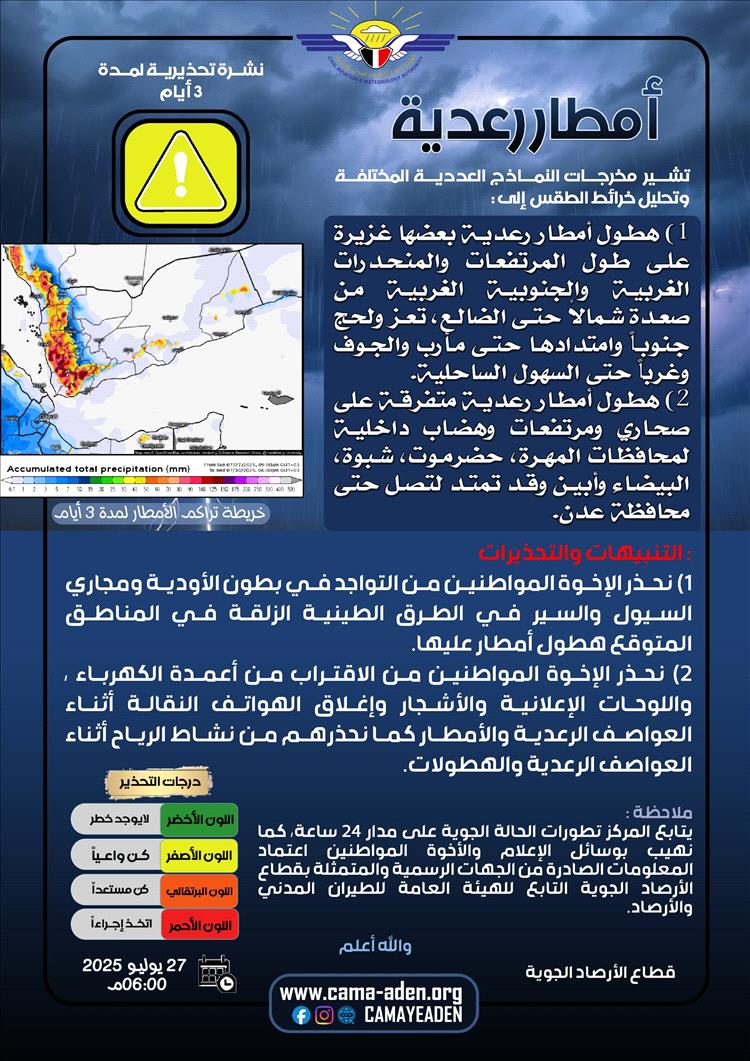 الأرصاد الجوية تحذر من أمطار رعدية في عدة محافظات