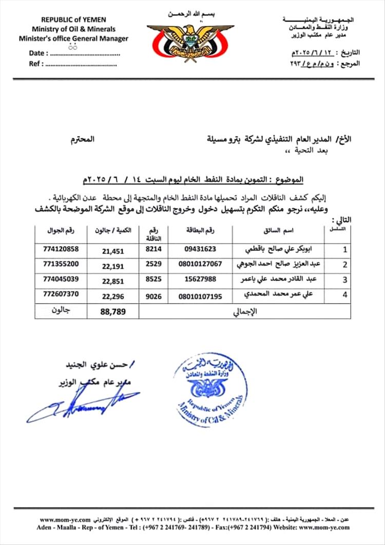 زيادة تموين كهرباء عدن بالنفط إلى 12 مقطورة يوميًا بجهود وزارة النفط والمعادن