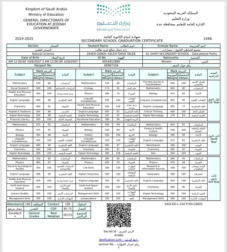 تفوق لافت للطالب زايد جمال صالح فريد بنسبة 95.75% وأسرة صالح فريد تعبّر عن فخرها