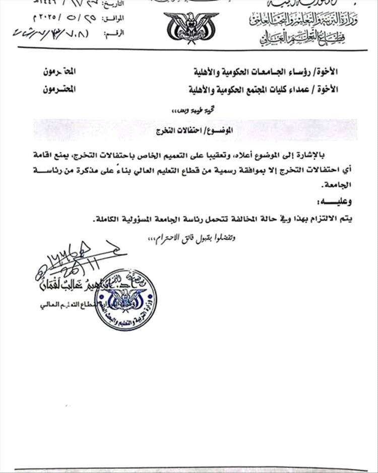 الحوثيون يحظرون حفلات التخرج الجامعي ويقيّدون تعيين أساتذة المواد الثقافية