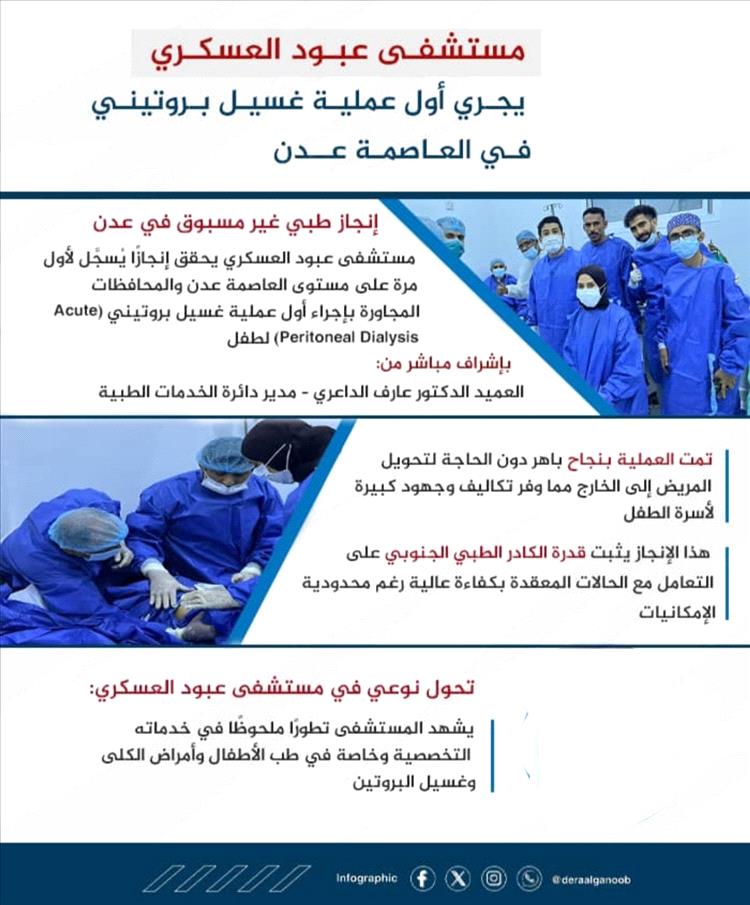 إنجاز طبي جديد في عدن.. مستشفى عبود العسكري ينجح في إجراء أول عملية غسيل بروتيني