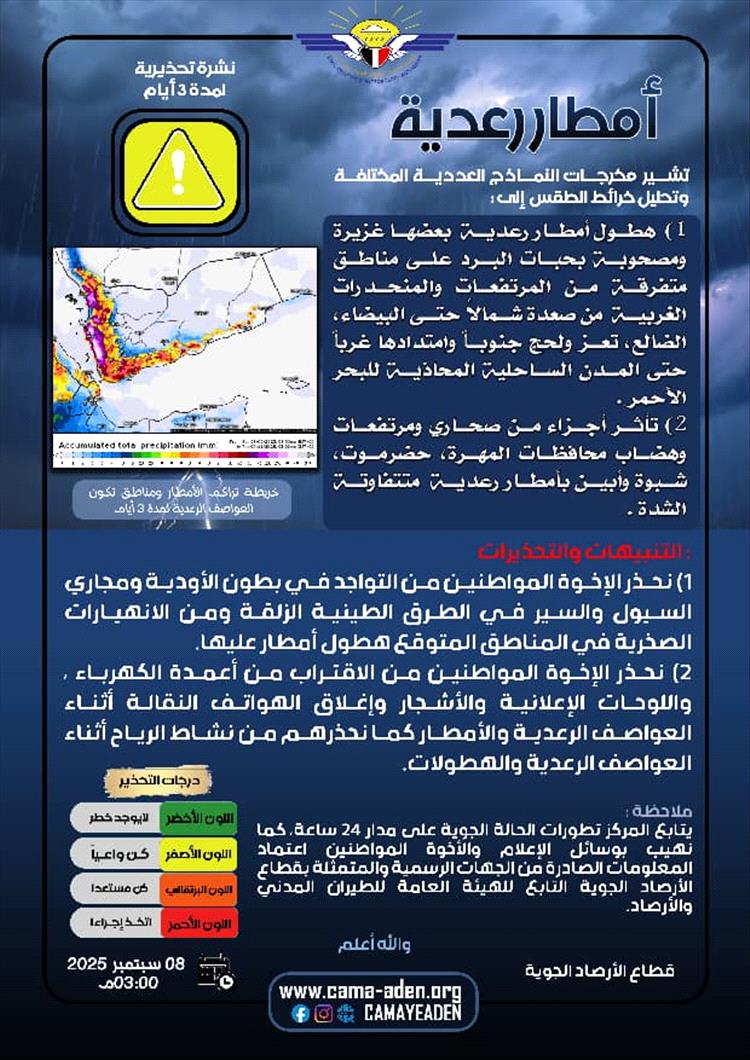 الأرصاد تحذر من أمطار رعدية غزيرة مصحوبة برياح وحبات البرد في عدة محافظات