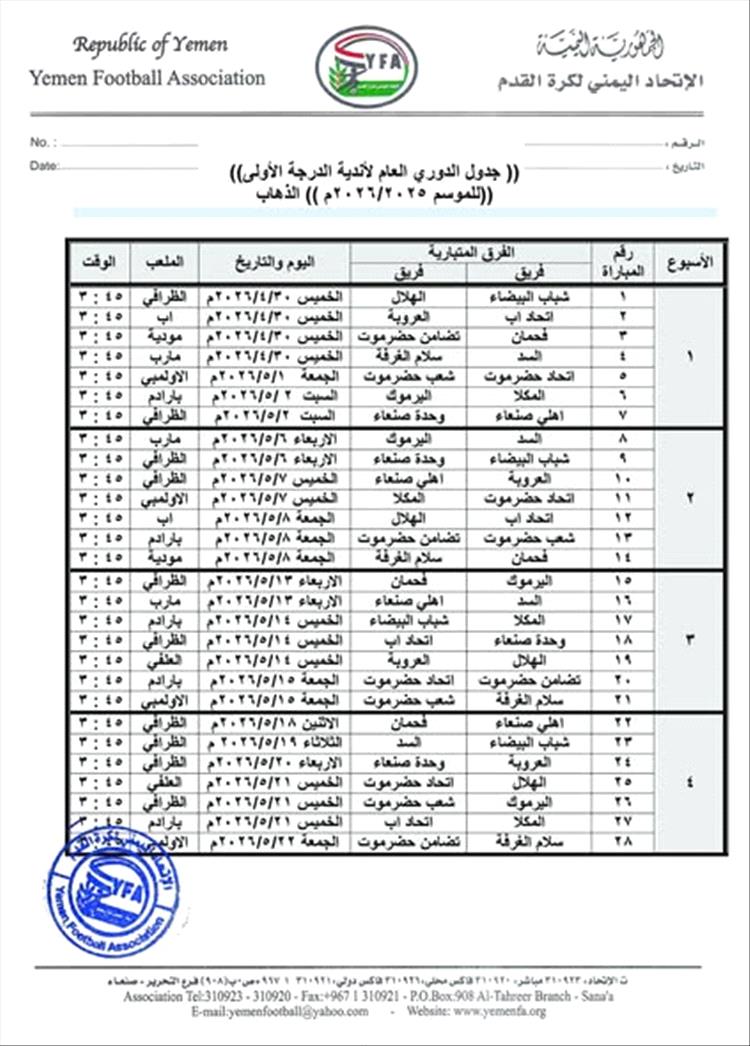 الاتحاد اليمني يُقر جدول مباريات دوري الدرجة الأولى (مرحلة الذهاب) 