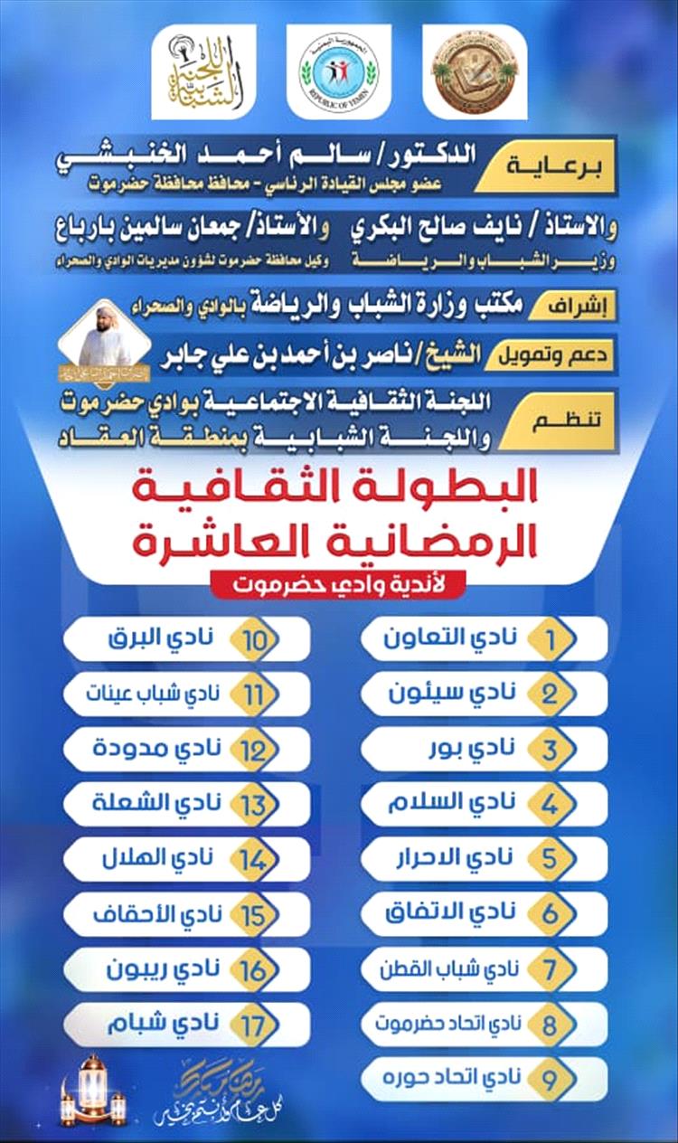 اللجنة الشبابية بمنطقة العقاد تستضيف البطولة الثقافية الرمضانية العاشرة لأندية وادي حضرموت