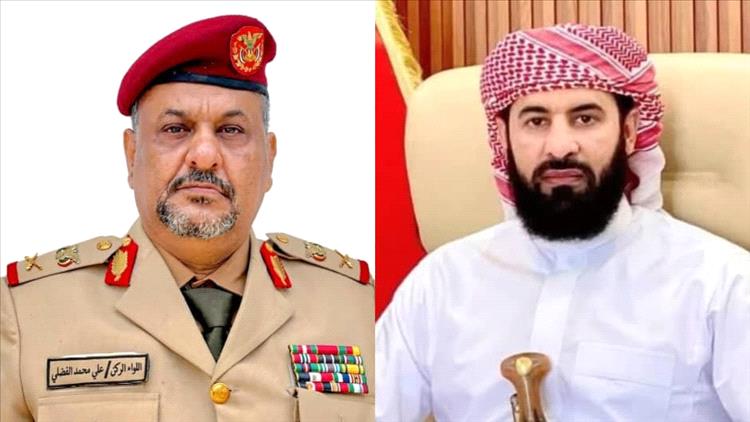 نائب رئيس هيئة الإسناد اللوجستي اللواء الفضلي يهنئ الدكتور مختار الرباش بمناسبة تعيينه محافظًا لمحافظة أبين