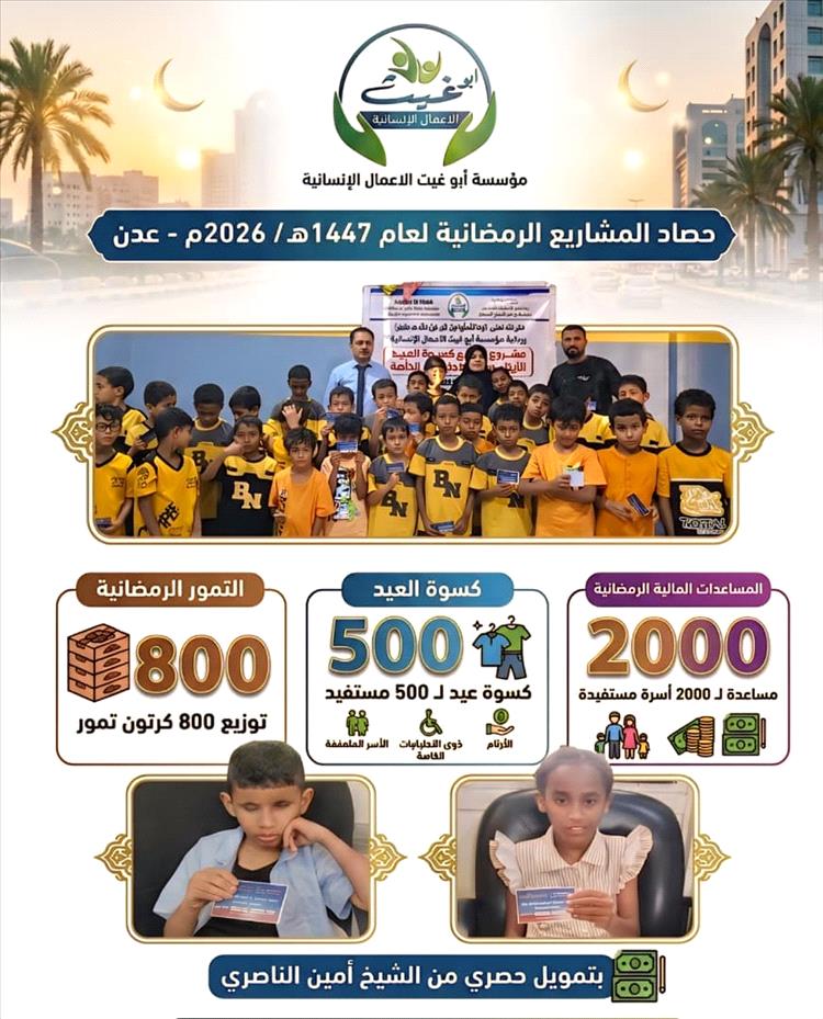 عدن.. مؤسسة “أبو غيث” تختتم مشاريعها الإنسانية الرمضانية وتستهدف آلاف الأسر بدعم الشيخ أمين الناصري