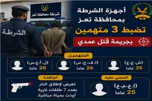 أجهزة الشرطة بمحافظة تعز تضبط 3 متهمين بجريمة قتل عمدي