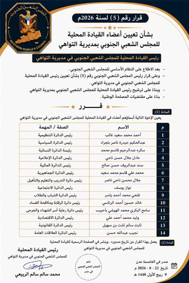 المجلس الشعبي الجنوبي يصدر قراراً بتشكيل القيادة المحلية في مديرية المعلا بالعاصمة عدن