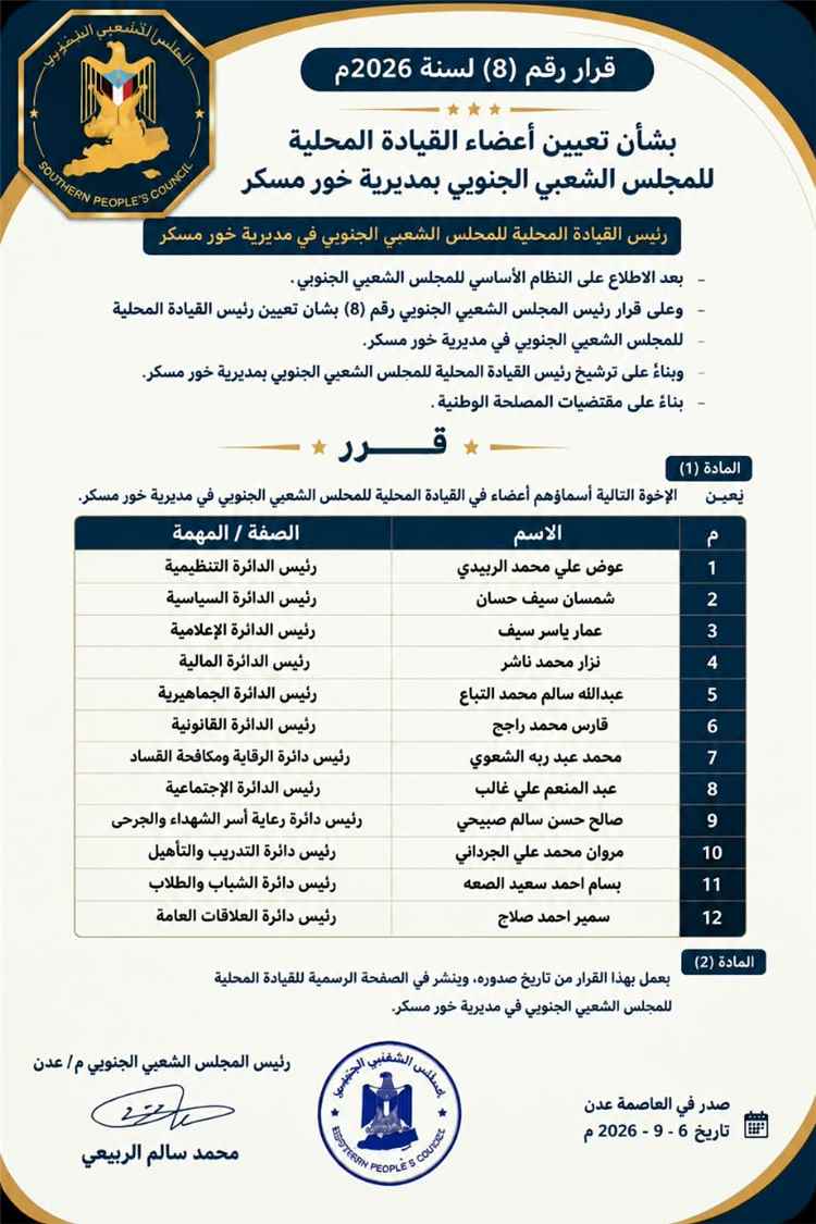 المجلس الشعبي الجنوبي يصدر قرارًا بتشكيل القيادة المحلية في مديرية خور مكسر ويعلن انطلاقة مرحلة جديدة من العمل التنظيمي