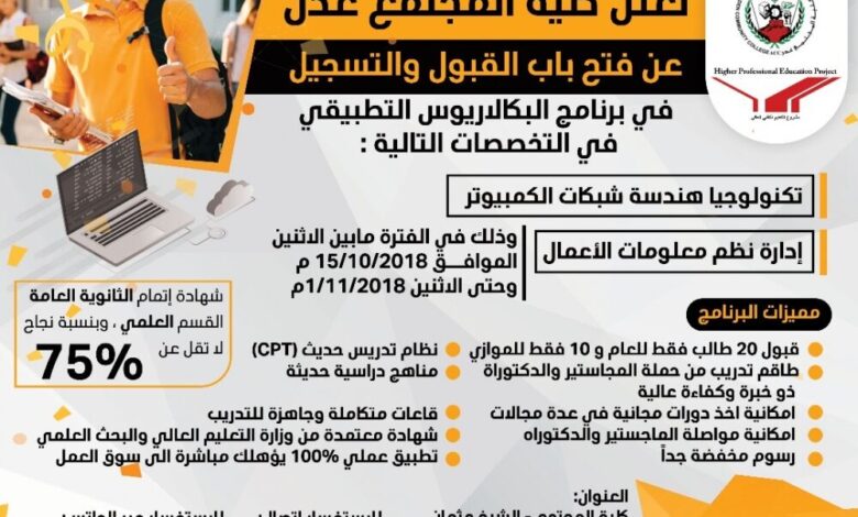 كلية المجتمع عدن تعلن عن فتح باب القبول والتسجيل لبرنامج البكلاريوس التطبيقي