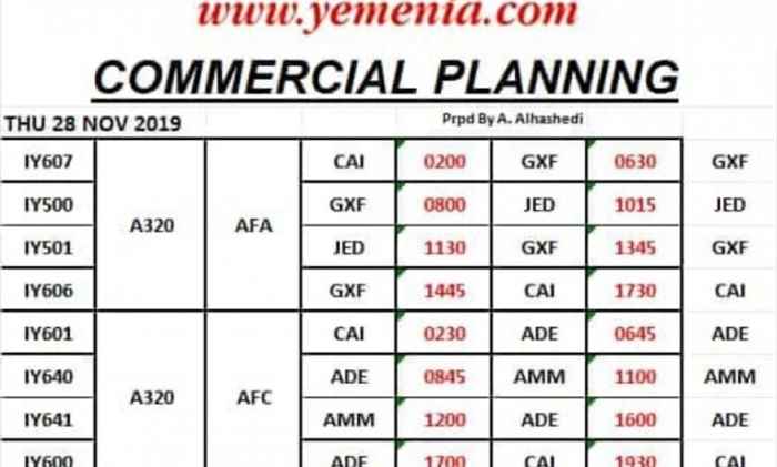 "عدن الغد" تنشر جدول رحلات طيران اليمنية غدا الخميس