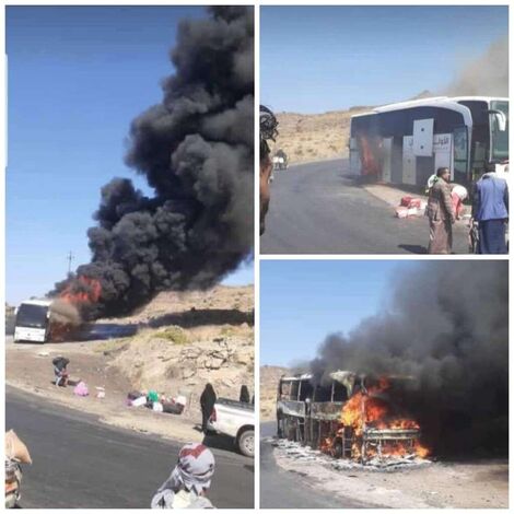 احتراق باص " نقل جماعي" على خط صنعاء الحديدة