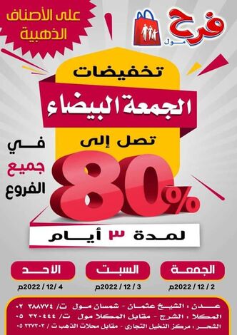 فرح مول يعلن عن تخفيضات تصل الى ٨٠٪ بجميع فروعه